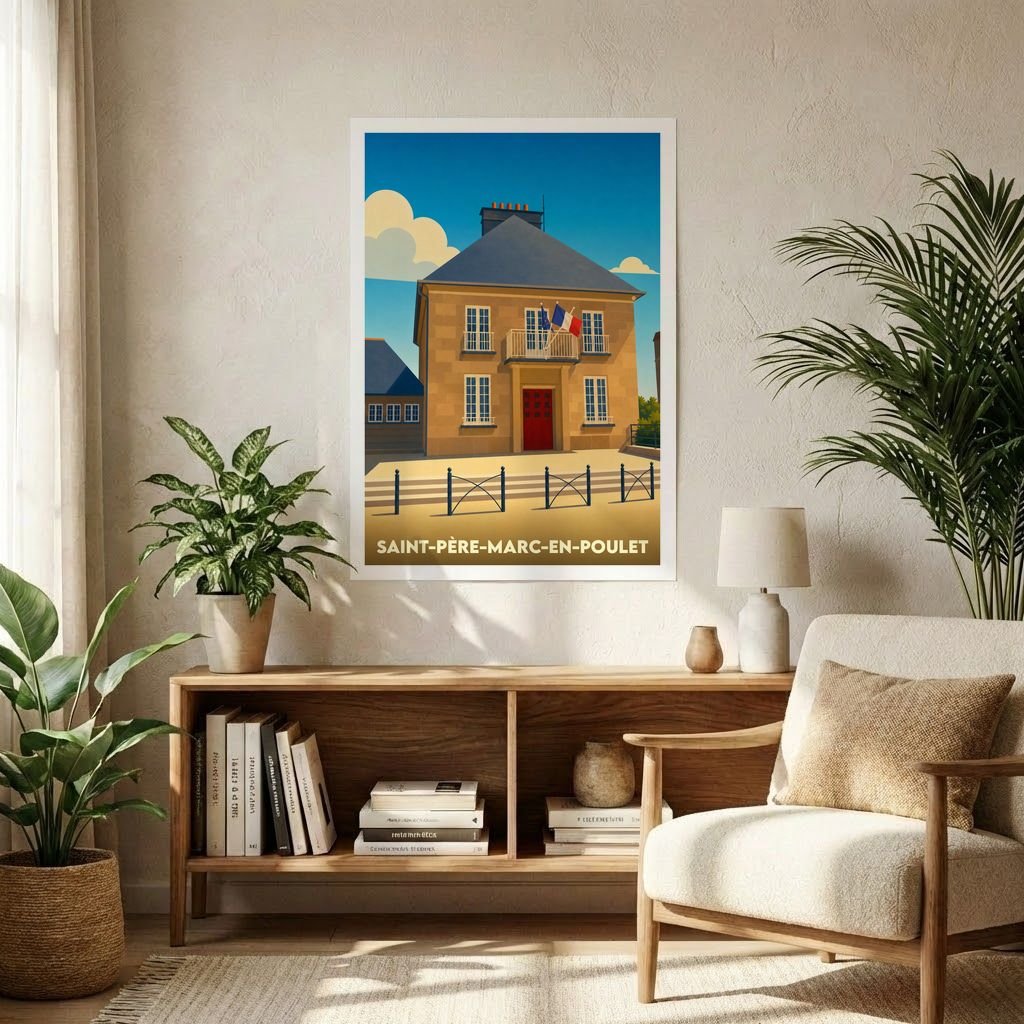 Affiche souvenir de la ville de Saint-Père-Marc-en-Poulet avec une illustration stylisée de sa mairie sous un ciel bleu.