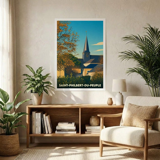 Affiche souvenir de la ville de Saint-Philbert-du-Peuple avec une illustration stylisée de son église et de paysages arborés.