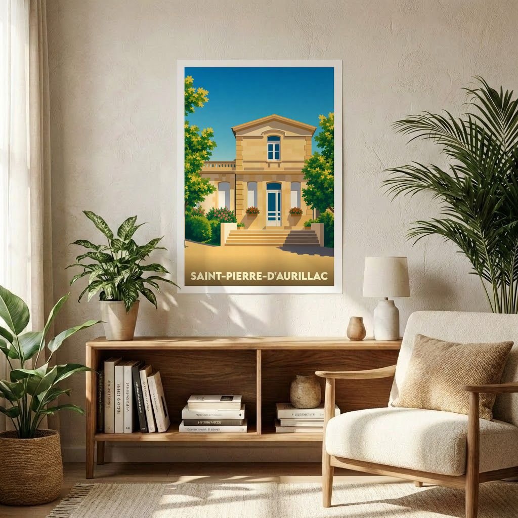 Affiche souvenir de la ville de Saint-Pierre-d'Aurillac avec une illustration stylisée de son architecture.