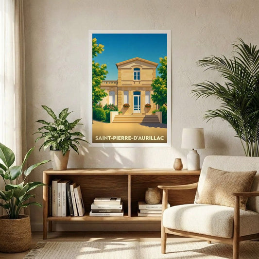Affiche souvenir de la ville de Saint-Pierre-d'Aurillac avec une illustration stylisée de son architecture.