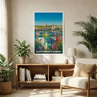 Affiche souvenir de la ville de Saint-Pierre-d'Oléron avec une illustration stylisée de son port de pêche coloré.