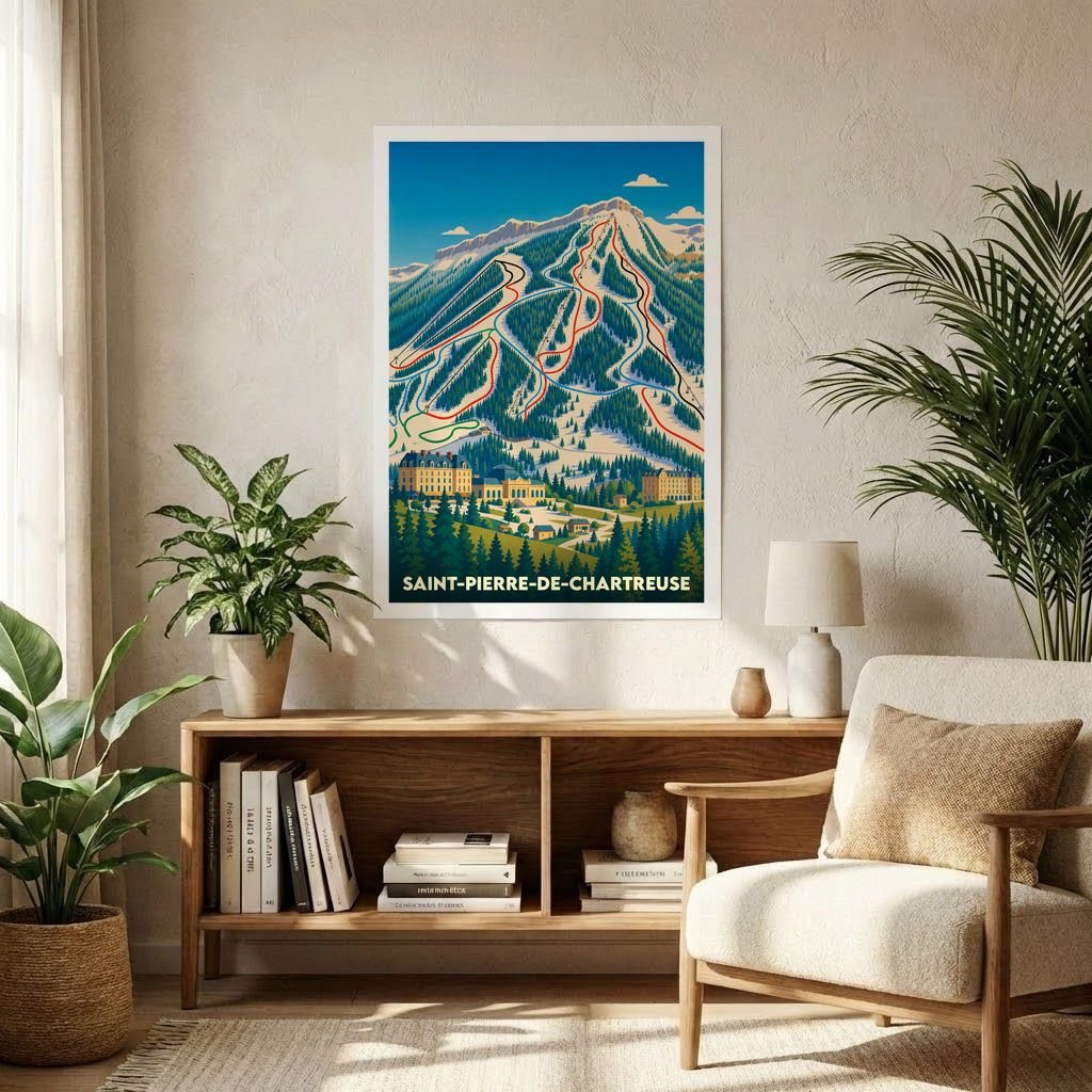 Affiche souvenir de la ville de Saint-Pierre-de-Chartreuse illustrant sa station de ski dans un style vintage.