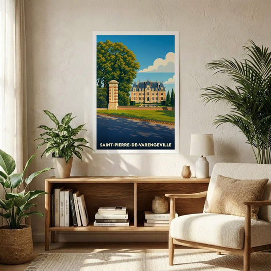 Affiche souvenir de la ville de Saint-Pierre-de-Varengeville avec une illustration stylisée d'un château.