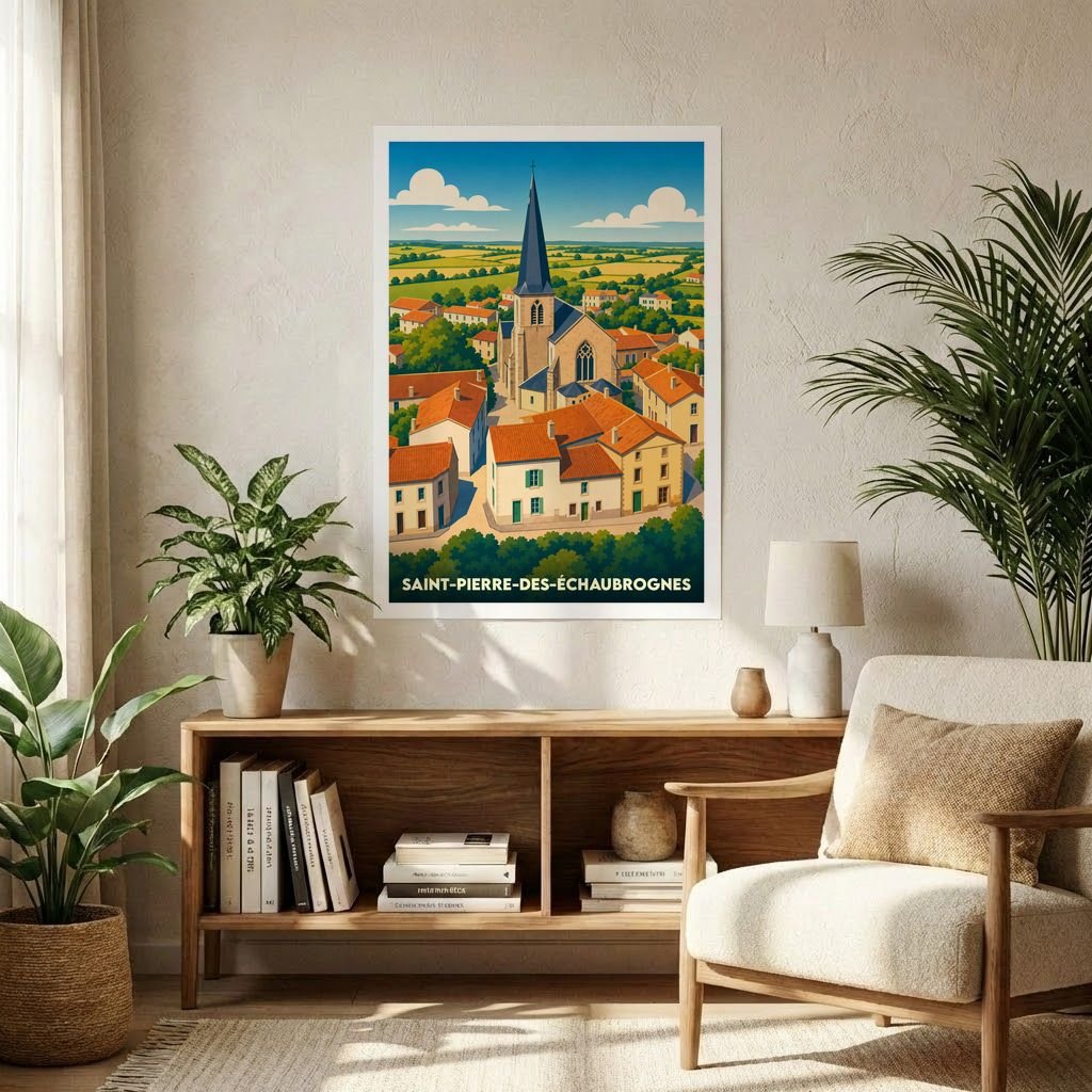Affiche souvenir de la ville de Saint-Pierre-des-Échaubrognes avec une illustration stylisée.