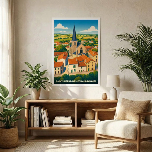 Affiche souvenir de la ville de Saint-Pierre-des-Échaubrognes avec une illustration stylisée.