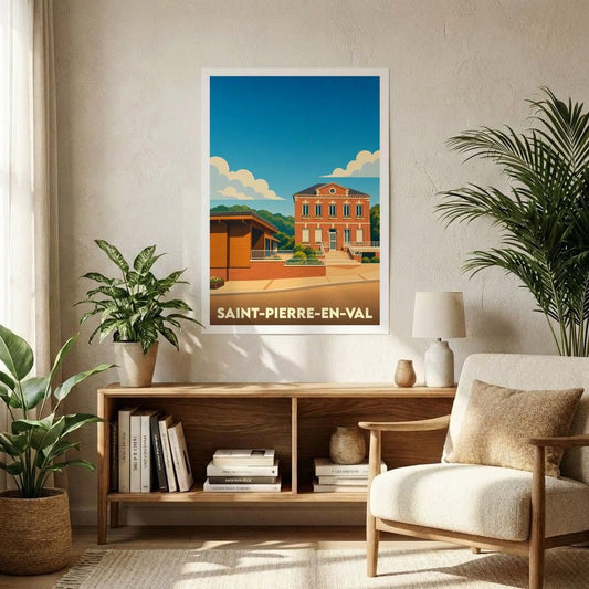 Affiche souvenir de la ville de Saint-Pierre-en-Val avec une illustration stylisée.