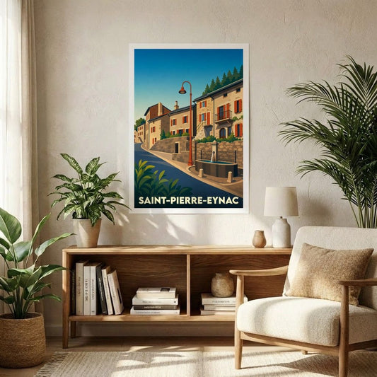 Affiche souvenir de la ville de Saint-Pierre-Eynac avec une illustration stylisée d'une ruelle ensoleillée.