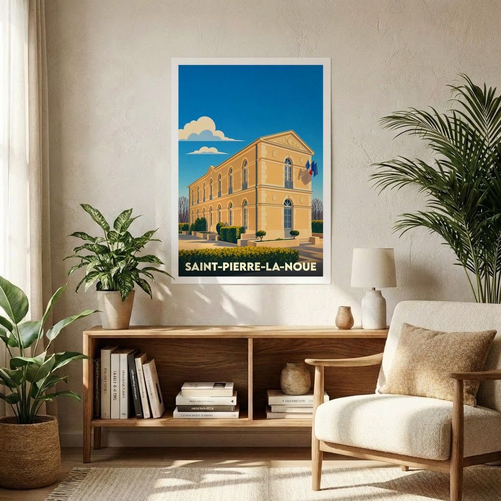Affiche souvenir de la ville de Saint-Pierre-La-Noue avec une illustration stylisée de son architecture.