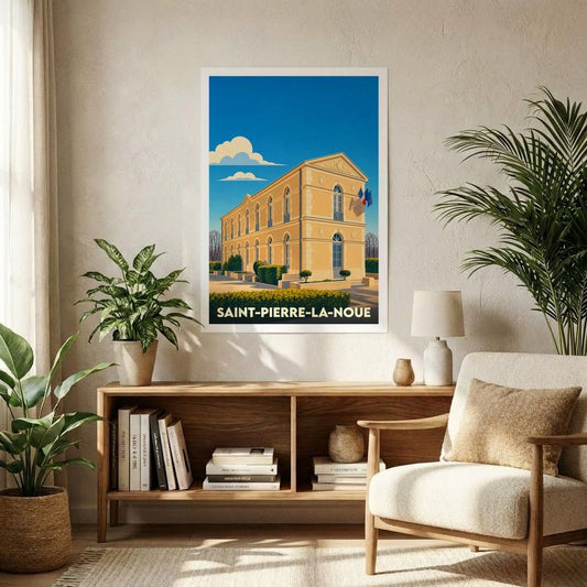 Affiche souvenir de la ville de Saint-Pierre-La-Noue avec une illustration stylisée de son architecture.