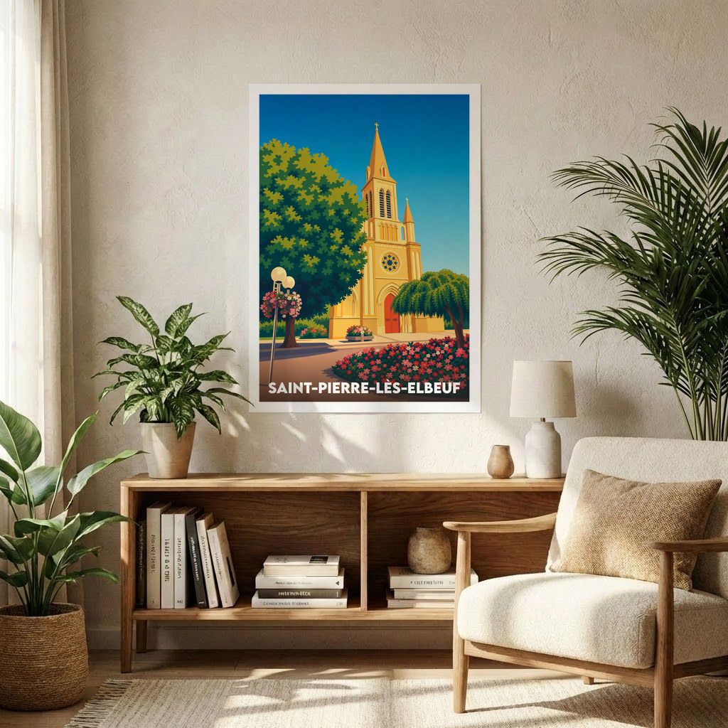 Affiche souvenir de la ville de Saint-Pierre-lès-Elbeuf représentant son église et son paysage urbain dans un style graphique épuré.