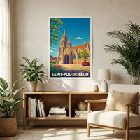 Affiche souvenir de la ville de Saint-Pol-de-Léon avec une illustration stylisée de sa cathédrale.