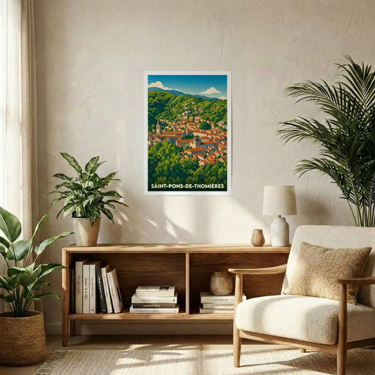 Affiche souvenir de la ville de Saint-Pons-de-Thomières avec une illustration stylisée d'un village niché dans les collines.