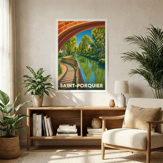 Affiche souvenir de la ville de Saint-Porquier avec une illustration stylisée d'un canal sous un pont de briques.