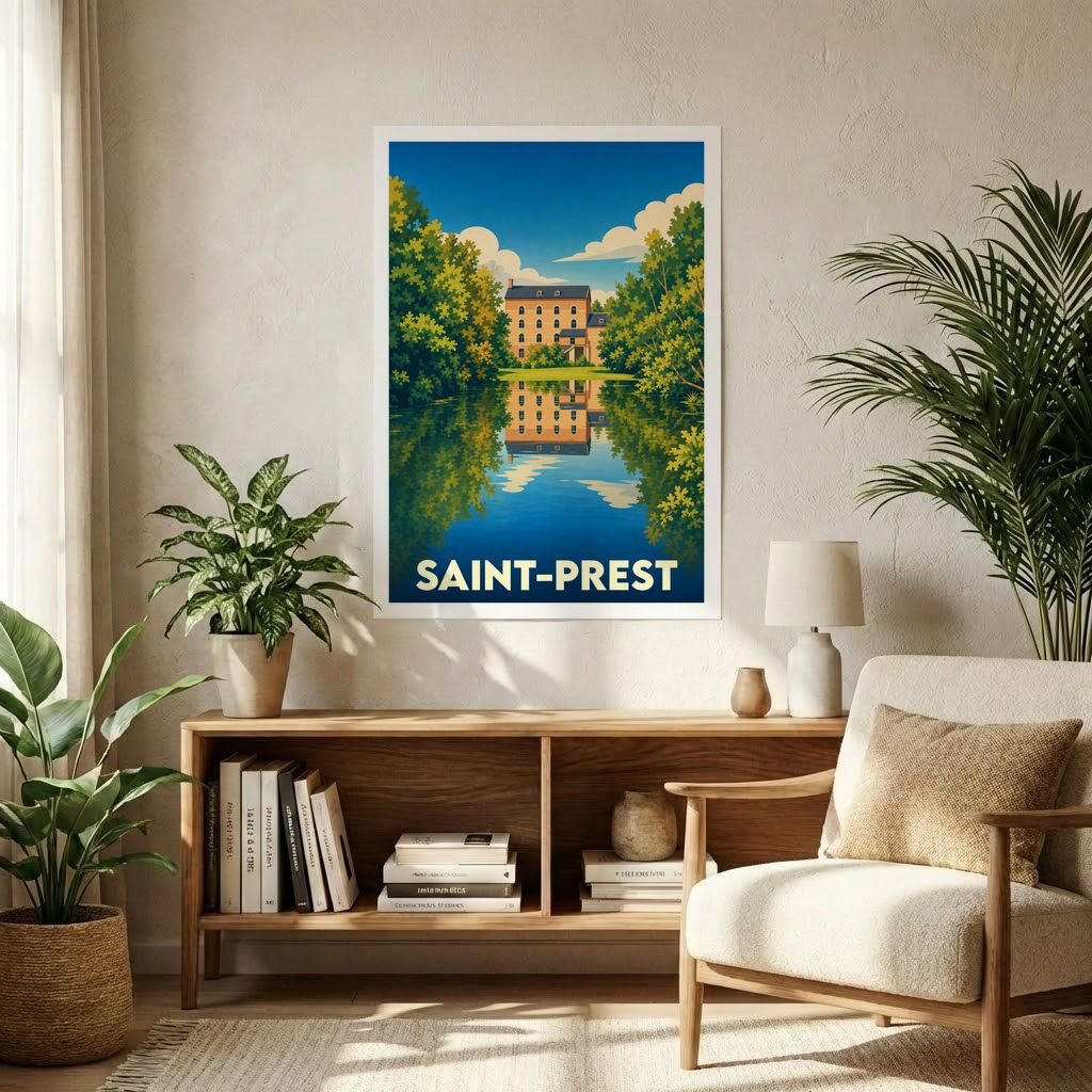 Affiche souvenir de la ville de Saint-Prest illustrant une bâtisse au bord de l'eau avec un style rétro.