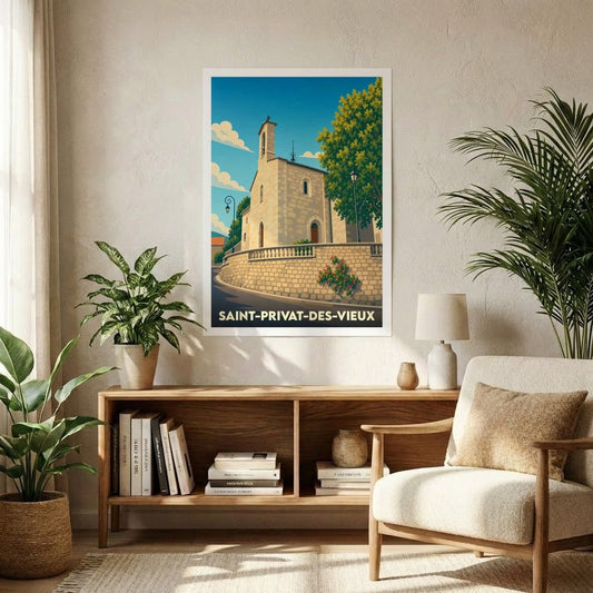 Affiche souvenir de la ville de Saint-Privat-des-Vieux illustrant son église en pierre sous un ciel bleu azur.
