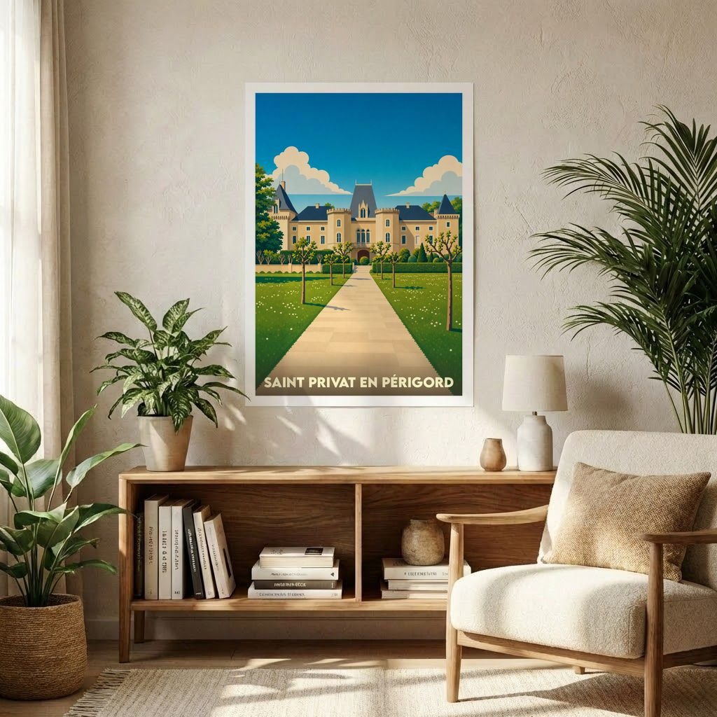 Affiche souvenir de la ville de Saint Privat en Périgord avec une illustration stylisée d'un château et de ses jardins.