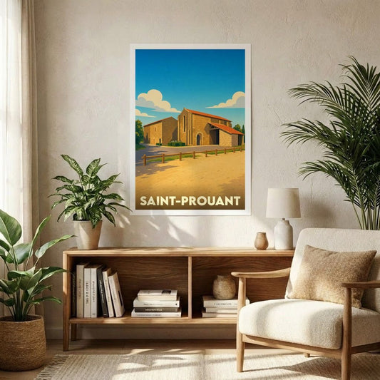 Affiche souvenir de la ville de Saint-Prouant avec une illustration stylisée d'un bâtiment historique sous un ciel bleu.