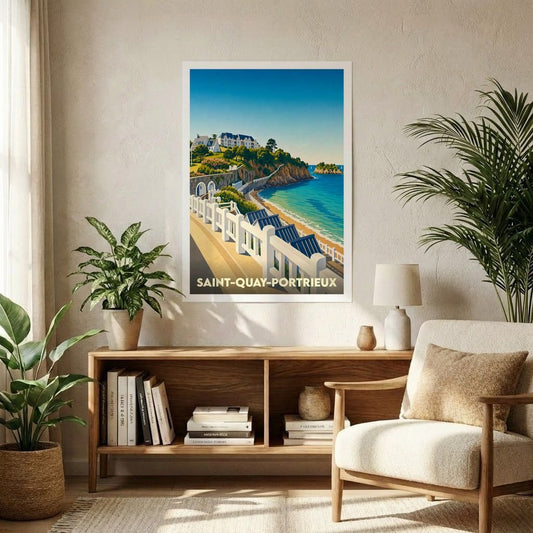 Affiche souvenir de la ville de Saint-Quay-Portrieux avec une illustration stylisée de son littoral.