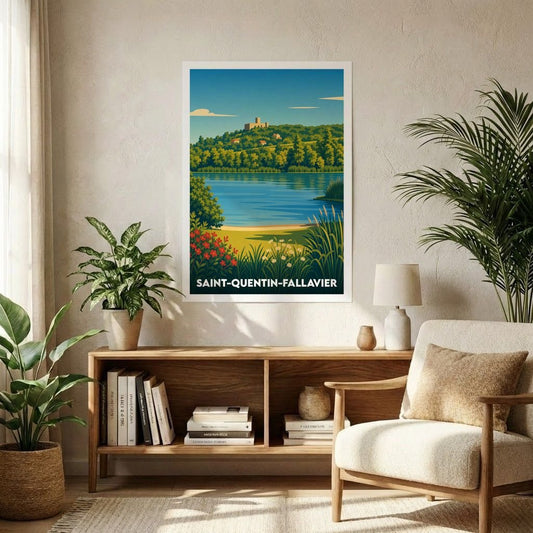 Affiche souvenir de la ville de Saint-Quentin-Fallavier avec une illustration stylisée de son paysage et de son château.