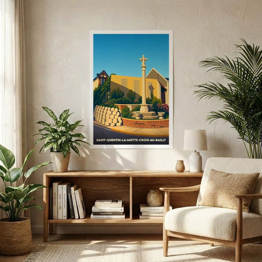 Affiche souvenir de la ville de Saint-Quentin-la-Motte-Croix-au-Bailly avec une illustration stylisée.