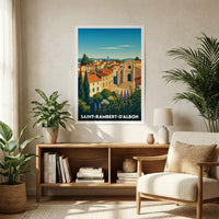 Affiche souvenir de la ville de Saint-Rambert-d'Albon avec une illustration stylisée d'un paysage urbain provençal.