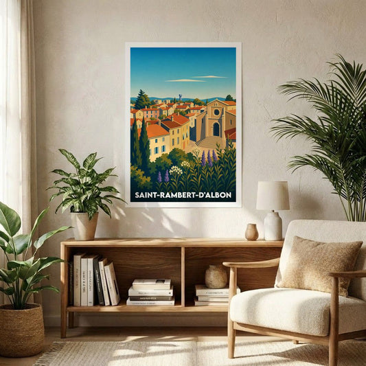 Affiche souvenir de la ville de Saint-Rambert-d'Albon avec une illustration stylisée d'un paysage urbain provençal.