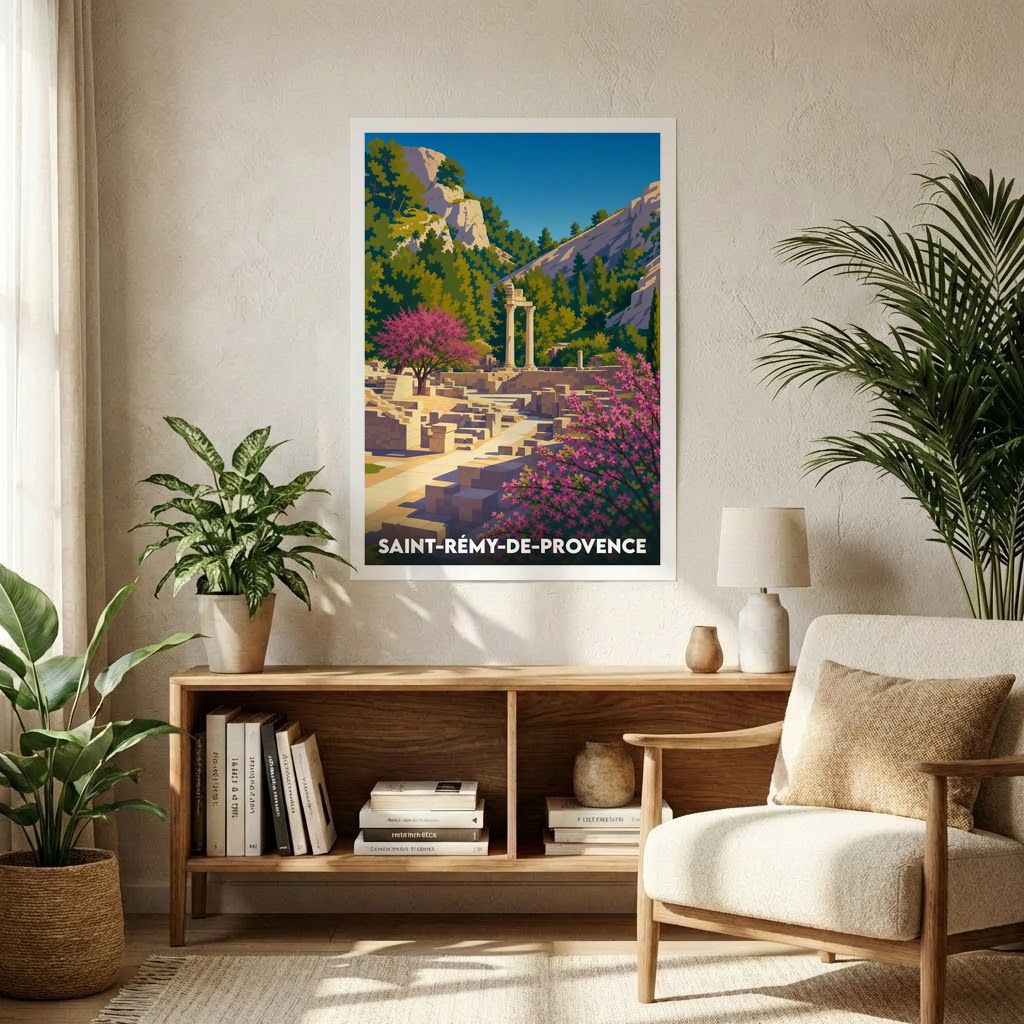 Affiche souvenir de la ville de Saint-Rémy-de-Provence avec une illustration colorée de ruines antiques entourées de nature.