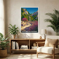 Affiche souvenir de la ville de Saint-Rémy-de-Provence avec une illustration colorée de ruines antiques entourées de nature.