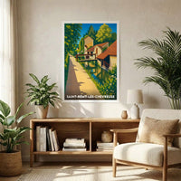 Affiche souvenir de la ville de Saint-Rémy-lès-Chevreuse avec une illustration stylisée d'un canal bordé de maisons.