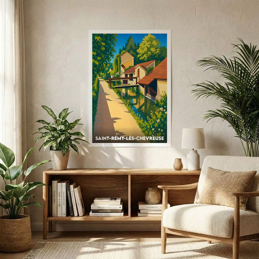 Affiche souvenir de la ville de Saint-Rémy-lès-Chevreuse avec une illustration stylisée d'un canal bordé de maisons.