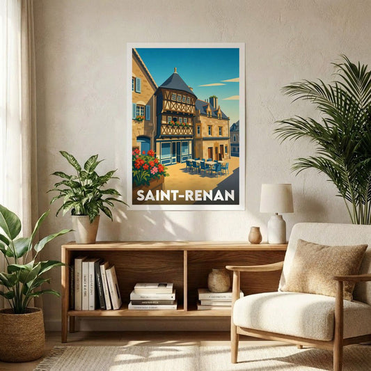Affiche souvenir de la ville de Saint-Renan avec une illustration stylisée d'une place historique.