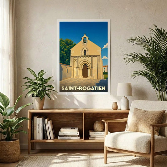 Affiche souvenir de la ville de Saint-Rogatien présentant une illustration stylisée de son église romane sous un ciel bleu.