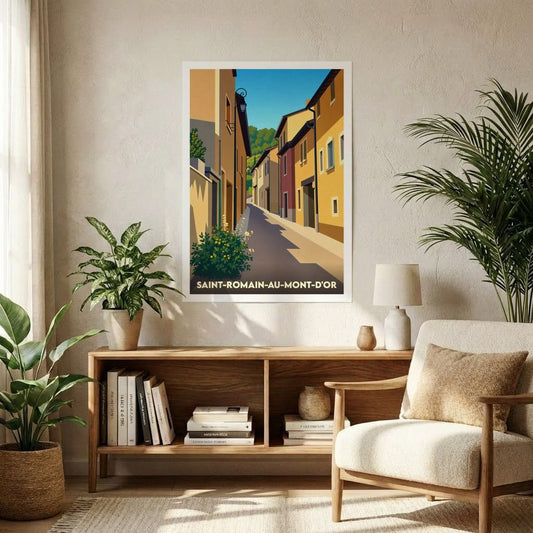Affiche souvenir de la ville de Saint-Romain-au-Mont-d'Or illustrant une ruelle pittoresque dans un style graphique épuré.