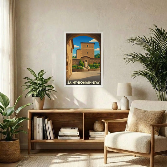 Affiche souvenir de la ville de Saint-Romain-d'Ay avec une illustration stylisée de son architecture historique.