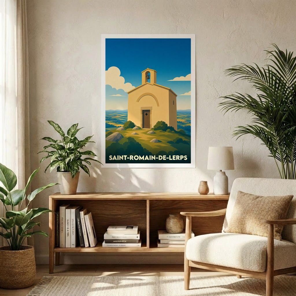 Affiche souvenir de la ville de Saint-Romain-de-Lerps avec une illustration stylisée de sa chapelle emblématique.