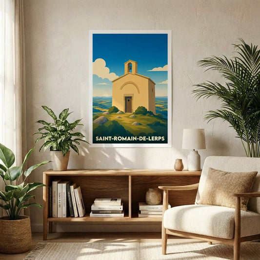 Affiche souvenir de la ville de Saint-Romain-de-Lerps avec une illustration stylisée de sa chapelle emblématique.