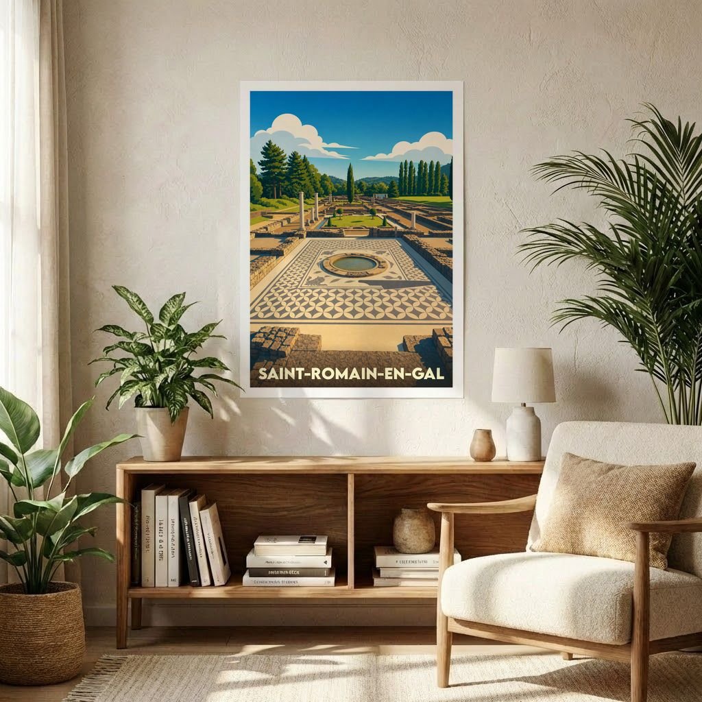 Affiche souvenir de la ville de Saint-Romain-en-Gal illustrant ses célèbres mosaïques gallo-romaines dans un style vintage.