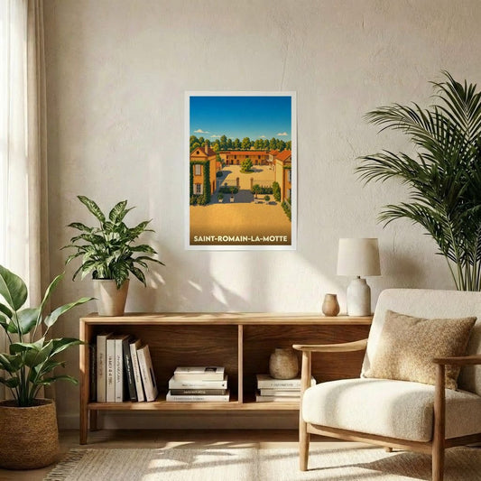 Affiche souvenir de la ville de Saint-Romain-la-Motte avec une illustration stylisée d'une propriété ensoleillée.