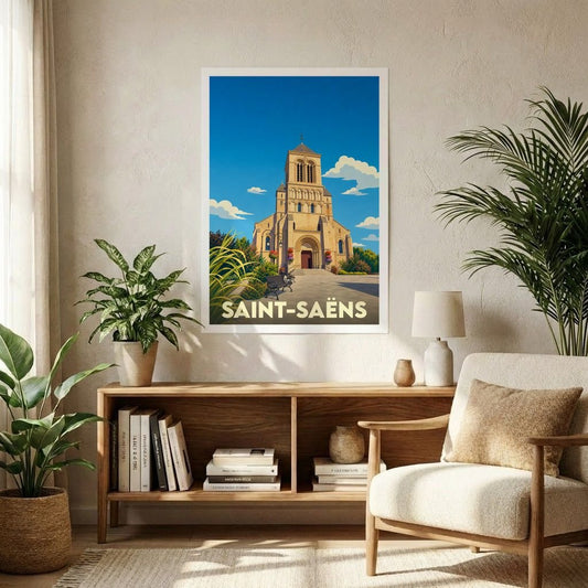 Affiche souvenir de la ville de Saint-Saëns illustrant son église dans un style graphique épuré et coloré.