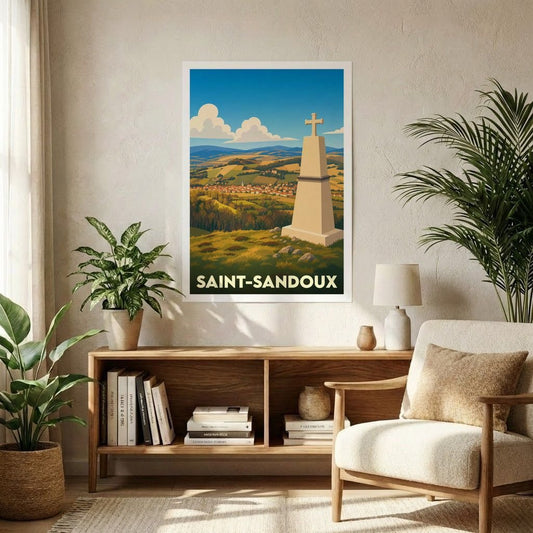 Affiche souvenir de la ville de Saint-Sandoux présentant une illustration stylisée de son paysage vallonné et de son monument.