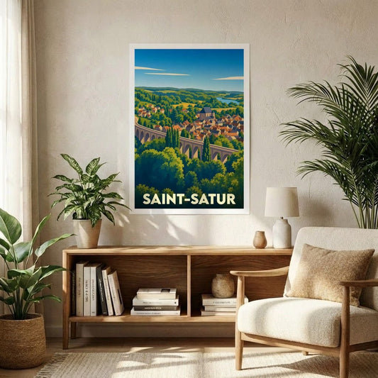 Affiche souvenir de la ville de Saint-Satur présentant une illustration stylisée de ses paysages et de son célèbre viaduc.