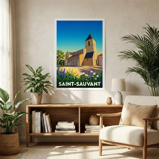 Affiche souvenir de la ville de Saint-Sauvant présentant une illustration stylisée de son église sous un ciel azur.