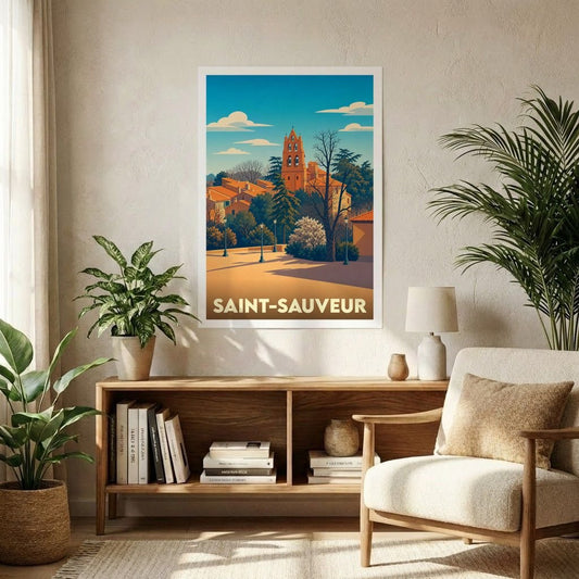 Affiche souvenir de la ville de Saint-Sauveur avec une illustration stylisée et colorée de son clocher et de ses toits.