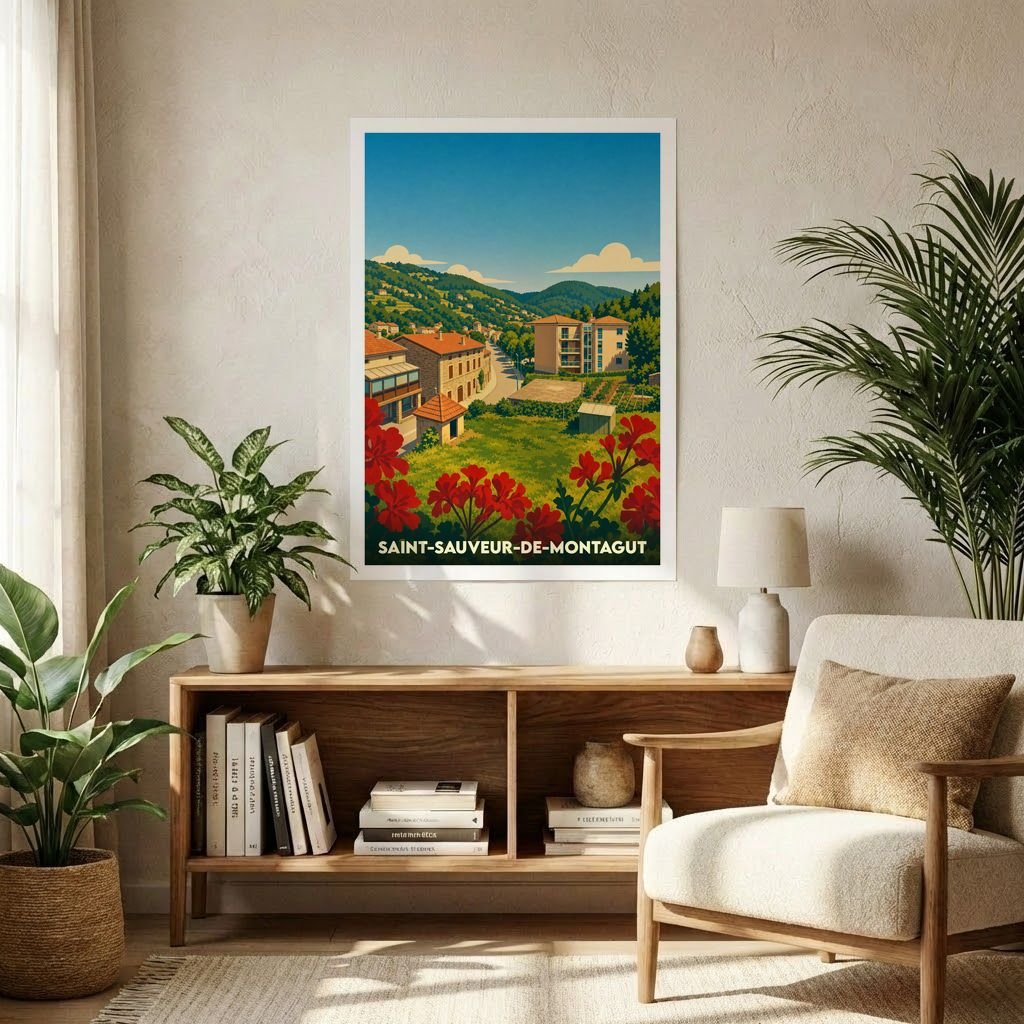 Affiche souvenir de la ville de Saint-Sauveur-de-Montagut avec une illustration stylisée et colorée.