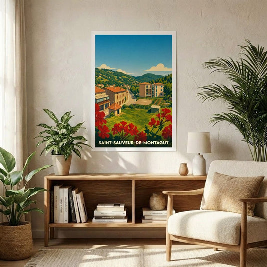 Affiche souvenir de la ville de Saint-Sauveur-de-Montagut avec une illustration stylisée et colorée.