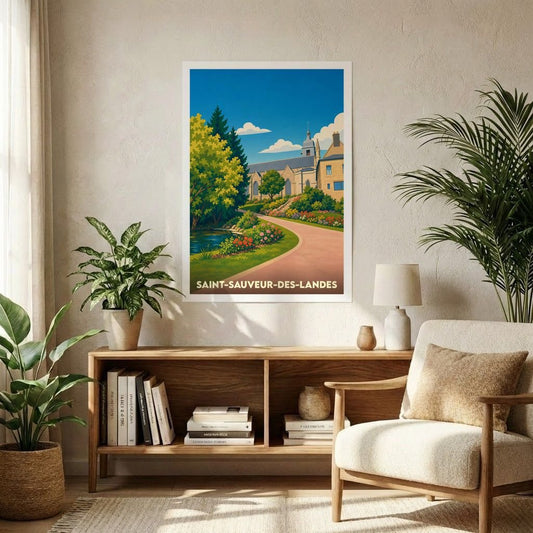 Affiche souvenir de la ville de Saint-Sauveur-des-Landes avec une illustration stylisée et colorée.