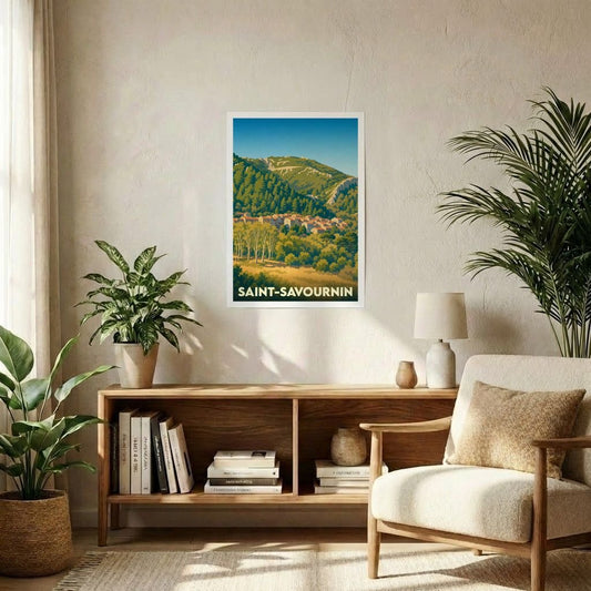 Affiche souvenir de la ville de Saint-Savournin avec une illustration stylisée de ses paysages montagneux.