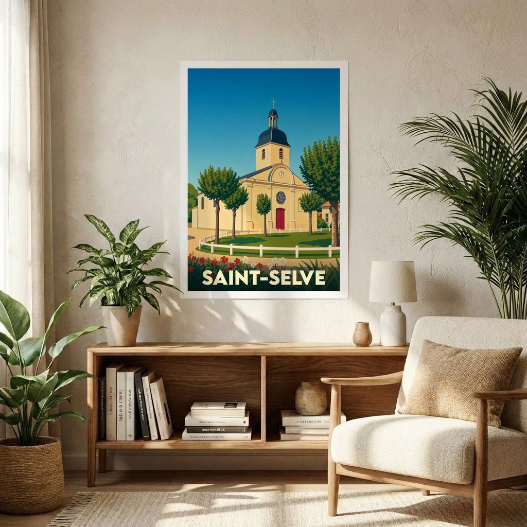 Affiche souvenir de la ville de Saint-Selve représentant son église dans un style graphique rétro.