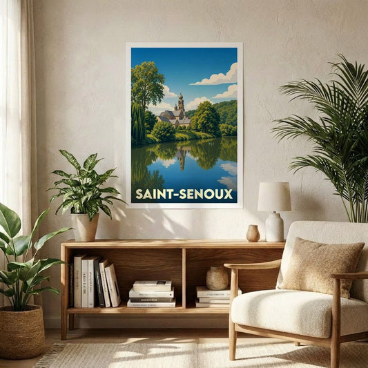 Affiche souvenir de la ville de Saint-Senoux illustrant une vue paysagère stylisée au bord de l'eau.