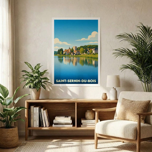 Affiche souvenir de la ville de Saint-Sernin-du-Bois avec une illustration stylisée d'un village en bord de lac.